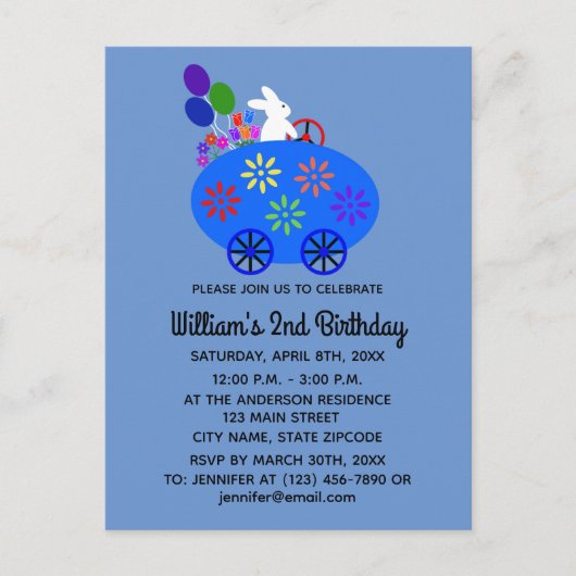Birthday Bunny Egg Car #2 Einladung Postkarte (Vorderseite)