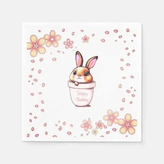 Birthday Bunny Pflanze Pot & Blume auf Weiß Serviette (Vorderseite)