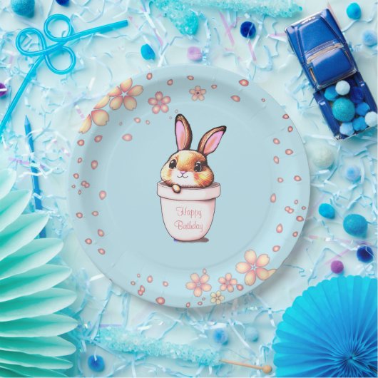 Birthday Bunny Pflanze Pot & Blume über Light Blue Pappteller (Party)