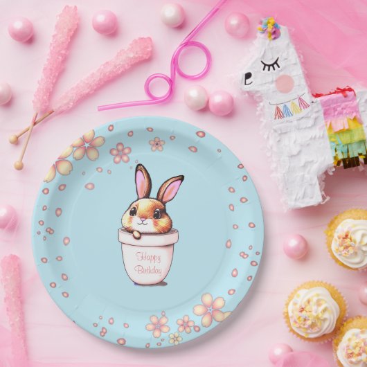 Birthday Bunny Pflanze Pot & Blume über Light Blue Pappteller (Party)