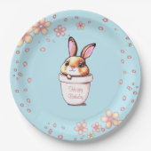 Birthday Bunny Pflanze Pot & Blume über Light Blue Pappteller (Vorderseite)