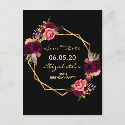 Birthday burgundy Black Save the Date card Postkarte (Vorderseite)