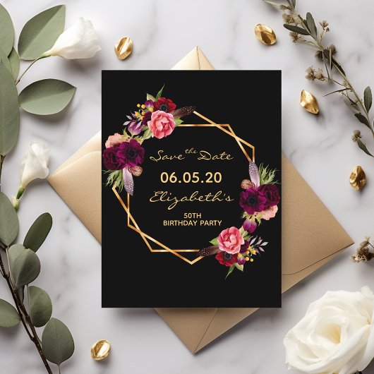 Birthday burgundy Black Save the Date card Postkarte