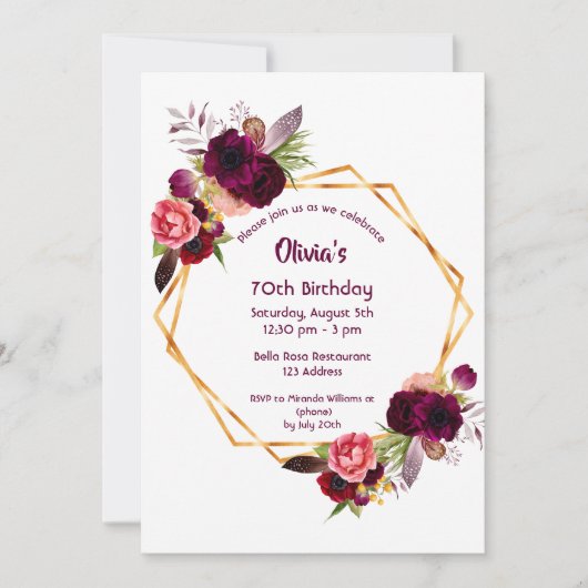 Birthday burgundy Blumen Gold geometrisch Einladung (Vorderseite)
