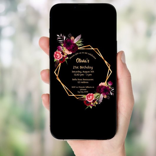 Birthday burgundy Blumengold geometrisch schwarz Einladung