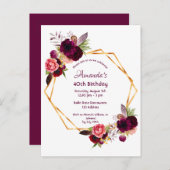Birthday burgundy Blütengold Einladung Postkarte (Vorne/Hinten)
