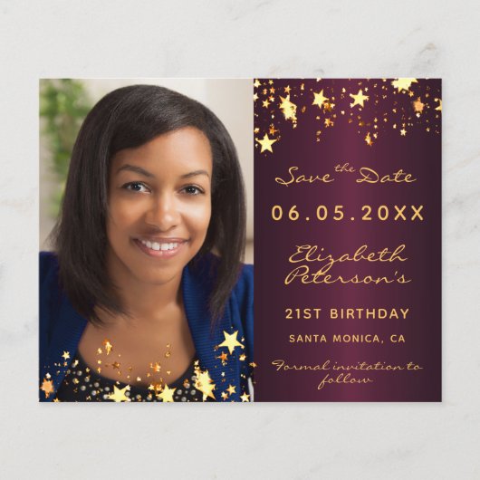 Birthday burgundy Foto Save the Date Karte (Vorderseite)