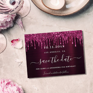 Birthday burgundy Glitzer Tropfen Save the Date Ankündigungspostkarte