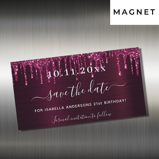 Birthday burgundy Glitzer Tropfen Save the Date Magnetkarte