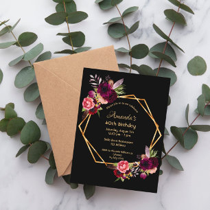 Birthday burgundy Gold schwarze Einladung Postkarte
