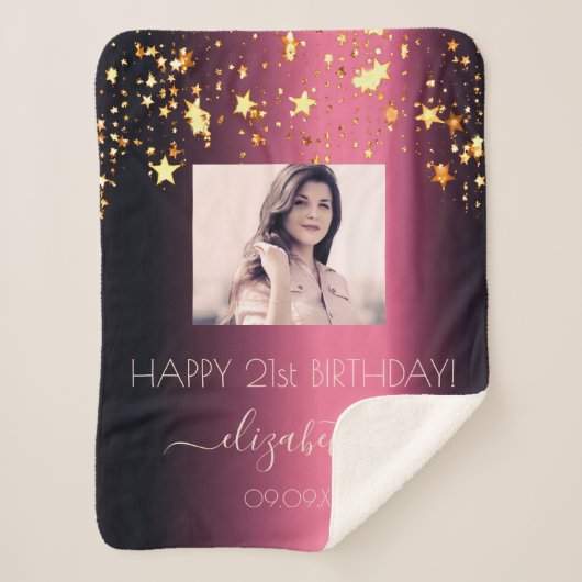 Birthday burgundy goldene Sterne Rosa Foto Sherpadecke (Vorderseite)