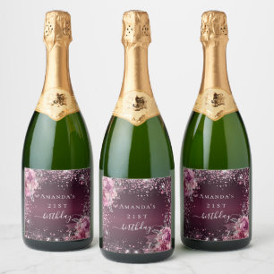 Birthday burgundy pink blühende Glitzer Name glac Schaumweinetikett