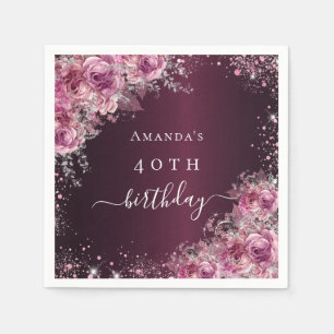 Birthday burgundy rosa Blume Namensskript Serviette