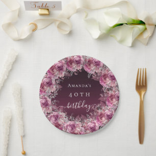 Birthday burgundy rosa Blumenschrift Pappteller