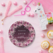 Birthday burgundy rosa Blumenschrift Pappteller (Party)