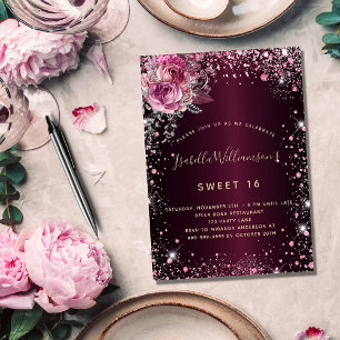 Birthday burgundy Rosa Glitzer Blumenblätter Einladung
