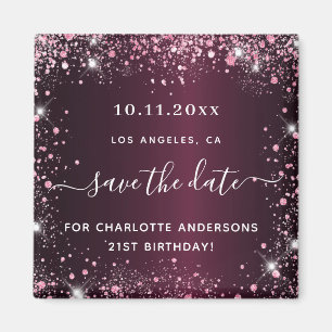 Birthday burgundy rosa Glitzer Staub Save the Date Magnet