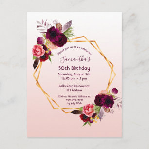 Birthday burgundy Rose Gold Einladung Postkarte