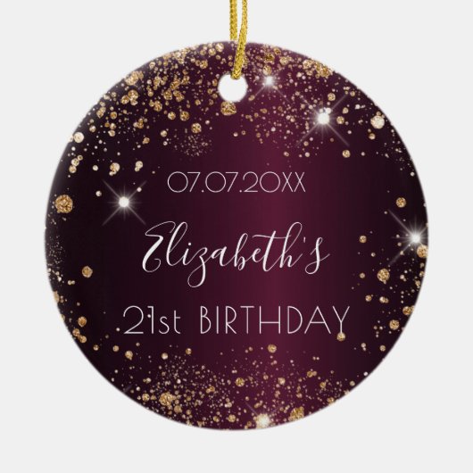 Birthday burgundy Rose Gold Glitzer Name elegant Keramik Ornament (Vorne)