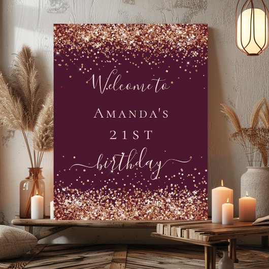Birthday burgundy Rose Gold Glitzer Staub willkomm Poster