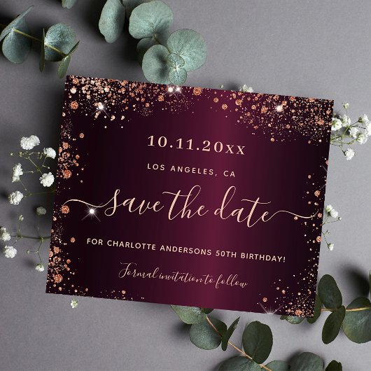 Birthday burgundy Rose Goldbudget Save the Date Flyer
