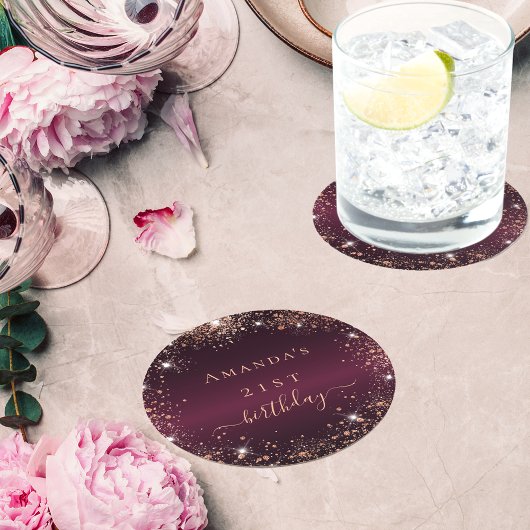 Birthday burgundy Rose goldener Name elegant Runder Pappuntersetzer