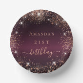 Birthday burgundy Rose Goldname-Skript Pappteller (Vorderseite)