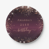 Birthday burgundy Rose Goldname-Skript Pappteller (Vorderseite)