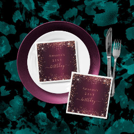 Birthday burgundy Rose Goldname-Skript Serviette