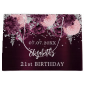 Birthday burgundy silber rosa Blume Große Geschenktüte (Vorderseite)