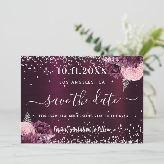 Birthday burgundy silberblümlich Save the Date (Stehend Vorderseite)