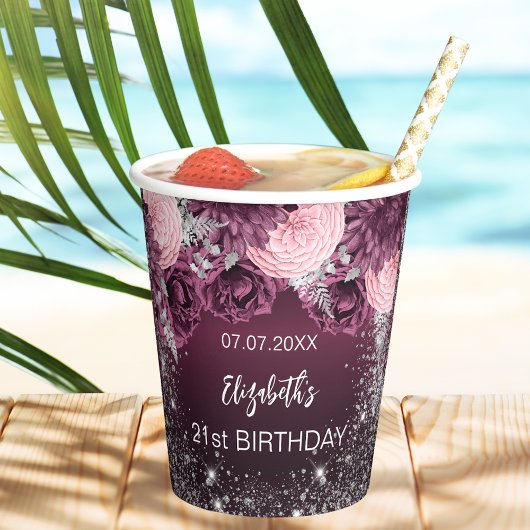 Birthday burgundy silberne Blume rosa Funkeln Pappbecher