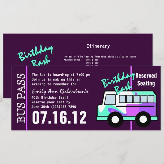 Birthday Bus Pass Einladung (Vorne/Hinten)