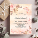 Birthday butterfly pampas grass blush boho einladung<br><div class="desc">A rose gold,  blush pink rustic faux metallic looking background. Decorated with rose gold and pink florals,  roses,  pampas grass and butterflies.  Personalize and add a name and party details.</div>