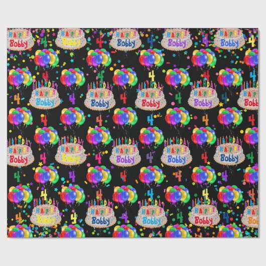 Birthday Cake Balloons personalisieren Boy's Name Geschenkpapier (Flach)