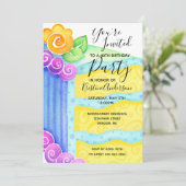 Birthday Cake Blue Yellow Floral 40. Party Einladung (Stehend Vorderseite)