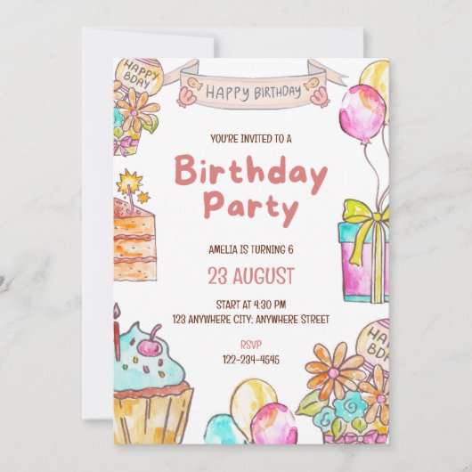 Birthday Cake Kids Party Invitation Einladung (Vorderseite)