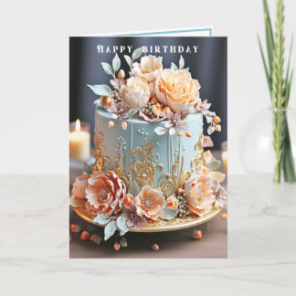 Birthday Cake Light Blue Peach Gold Filigree Karte