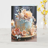 Birthday Cake Light Blue Peach Gold Filigree Karte (Gelbe Blume)