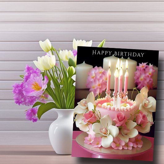 Birthday Cake Pink Candles Love Blume Karte