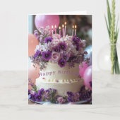 Birthday Cake Purple Pansies Hydrangea Birthday Karte (Vorderseite)