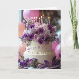 Birthday Cake Purple Pansies Hydrangea Birthday Karte