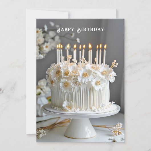 Birthday Cake White & Gold Blume Kerzen Karte (Vorderseite)