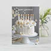 Birthday Cake White & Gold Blume Kerzen Karte (Stehend Vorderseite)