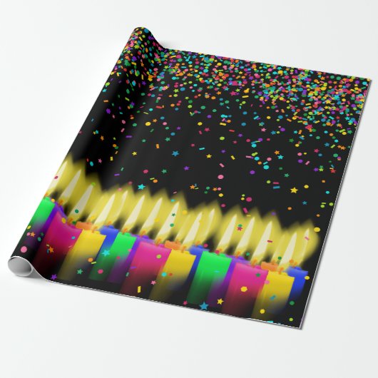 Birthday Candles and Confetti on Black Geschenkpapier (Ungerollt)