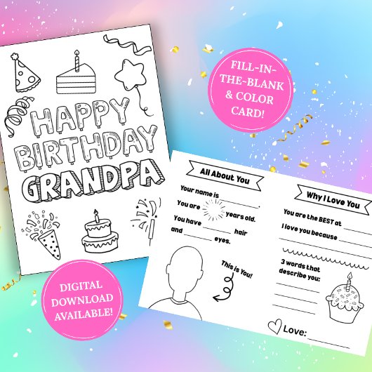 Birthday Card for Grandpa: Kids Coloring Activity Karte