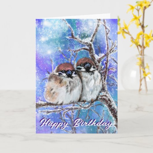 Birthday Card Sparrows Couple In Winter - Malerei Karte (Gelbe Blume)