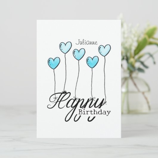 Birthday Card w Light Blue Heart Balloons And Name Karte (Stehend Vorderseite)