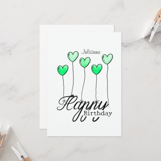 Birthday Card With Green Heart Balloons And Name Karte (Vorderseite/Rückseite Beispiel)