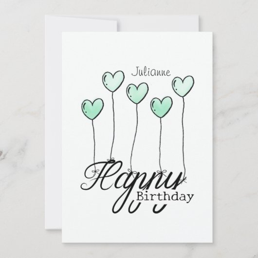 Birthday Card With Mint Heart Balloons And Name Karte (Vorderseite)